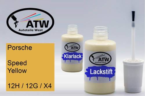 Porsche, Speed Yellow, 12H / 12G / X4: 20ml Lackstift + 20ml Klarlack - Set, von ATW Autoteile West.